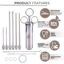 Meat Injector Kit - Marinade Injector Syringe for Food - 304 Stainless Steel Syringes, 6 Professional Needles, 4 Silicone O-Rings and 2 Cleaning Brushes - Recipe Book Pdf - BBQ Grill Kit