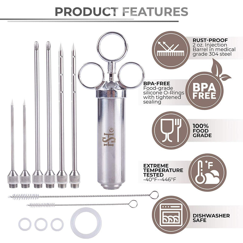 Meat Injector Kit - Marinade Injector Syringe for Food - 304 Stainless Steel Syringes, 6 Professional Needles, 4 Silicone O-Rings and 2 Cleaning Brushes - Recipe Book Pdf - BBQ Grill Kit