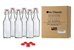 Swing Top Glass Bottles - Flip Top Brewing Bottles For Kombucha, Kefir, Beer - Clear Color - 16oz Size - Set of 6 - Leak Proof Easy Caps, Bonus Gaskets, Chalkboard Labels and Pen - Fast Clean Design by Otis Classic