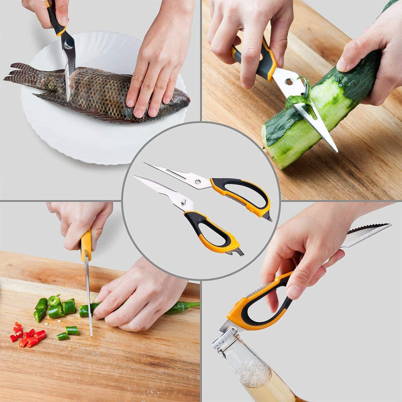 Deiss PRO Kitchen Shears – Heavy Duty Kitchen Scissors – 8-in-1 Multi-Purpose Scissors – Vegetable Peeler, Fish Scaler, Bone Cutting Scissor, Meat Poultry Shears – Magnetic Holder