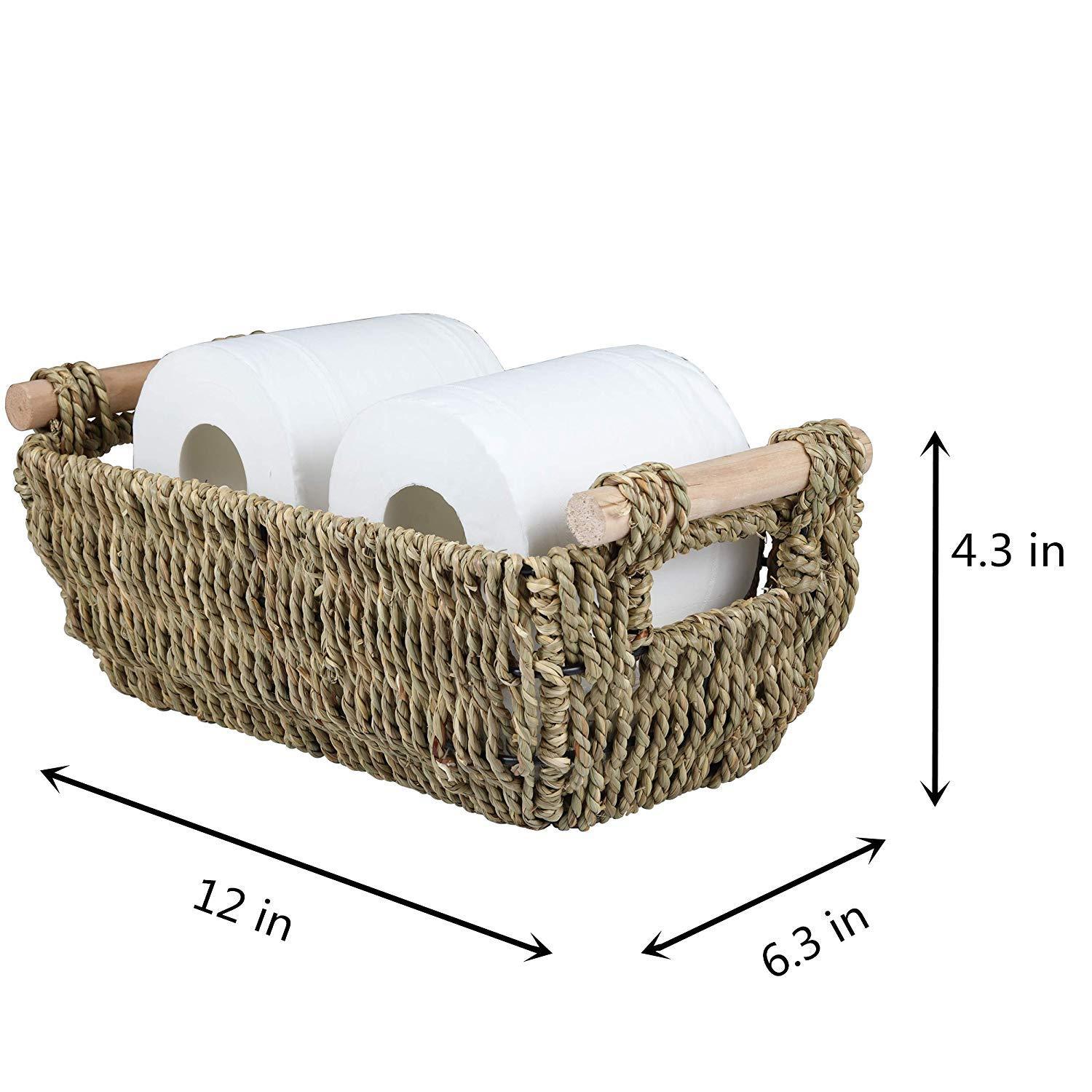 URFORESTIC Storage Baskets, Decorative Seagrass Basket Tote with Wooden Handles, 12" x 6.3" x 4.3", 2-Pack