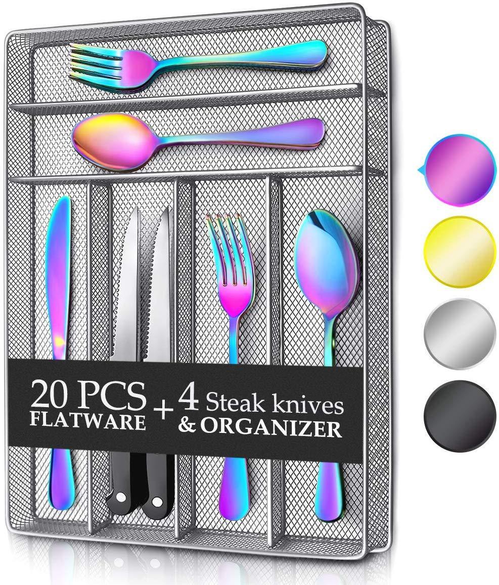 KaryHome 24 Piece Silverware Teivio  Set, Flatware Utensils Set Mirror Polished, Dishwasher Safe Service for 4, Include Knife/Fork/Spoon/Steak Knife/Wire Mesh Steel Cutlery Holder Storage Trays (Silver)