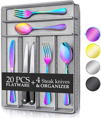 KaryHome 24 Piece Silverware Teivio  Set, Flatware Utensils Set Mirror Polished, Dishwasher Safe Service for 4, Include Knife/Fork/Spoon/Steak Knife/Wire Mesh Steel Cutlery Holder Storage Trays (Silver)