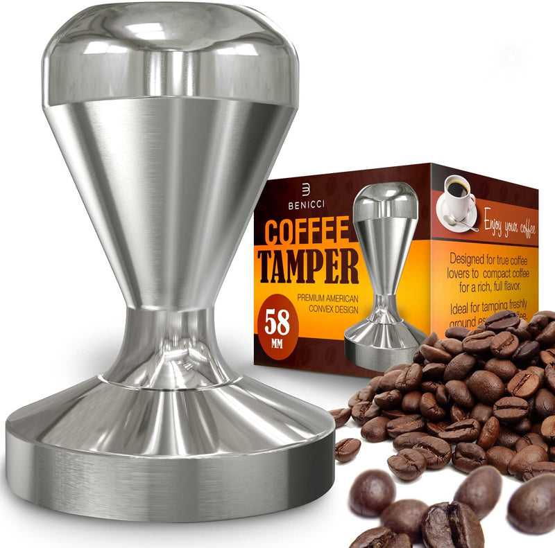 Benicci Espresso Coffee Tamper, Premium Quality Stainless Steel, Solid Heavy, Barista Style, American Convex Base, 58mm