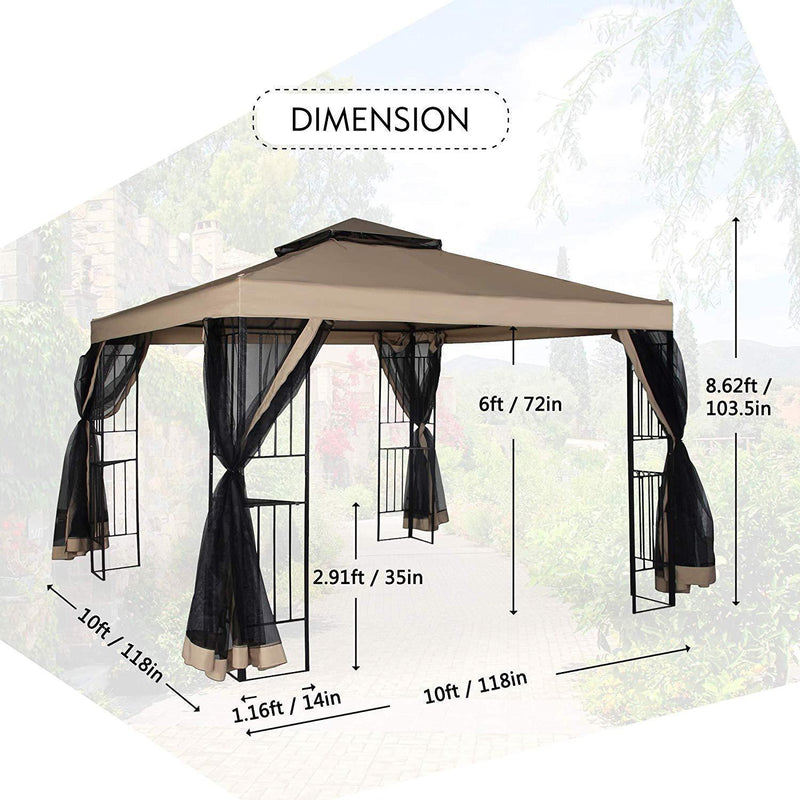 Homevibes 10' x 10' Gazebo for Patio Outdoor Canopy Party Tent Large Waterproof Metal Vented Gazebo for Garden Backyard Outside Barbecue Pool Shade with Mosquito Netting Double Tiered Top Roof, Tan