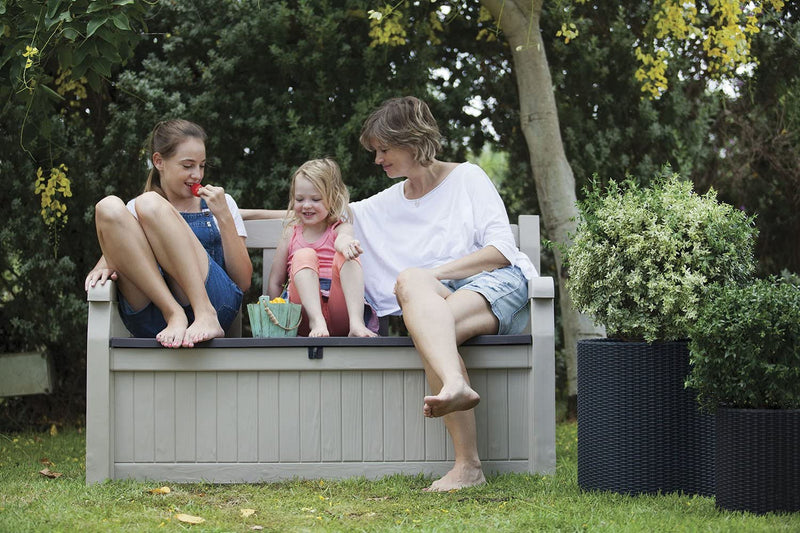 Keter Eden 70 Gallon Storage Bench Deck Box for Patio Furniture, Front Porch Decor and Outdoor Seating – Perfect to Store Garden Tools and Pool Toys