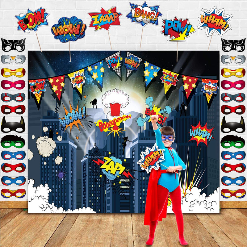 TMCCE Superhero Birthday Party Supplies Superhero Cityscape Photography Backdrop,24 Superhero Masks 6 Superhero Photo Booth Props For Superhero Birthday Party Decorations Favor For Kids
