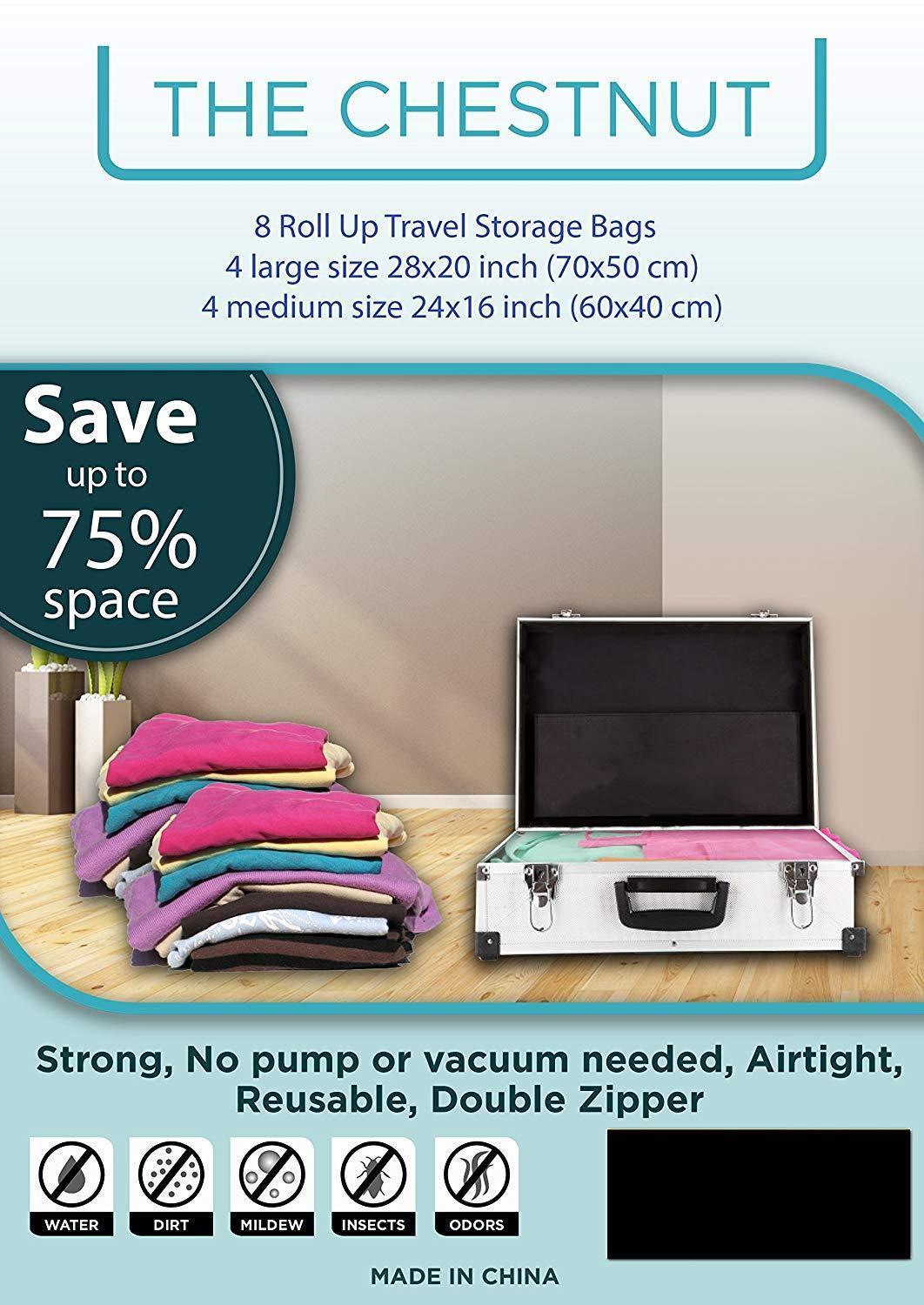 QYQBOON 8 Travel Space Saver Bags - No Vacuum or Pump Needed - for Clothes - Reusable - Luggage Compression - Set of 4 L and 4 M Sacks - Transparent