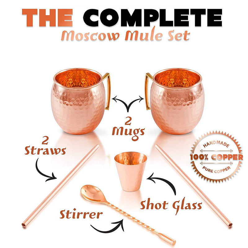 Moscow Mule Copper Mugs - Set of 2-100% HCNDCRAFTED Pure Solid Copper Mugs - 16 Oz, Gift Set With Cocktail Copper Straws, Shot Glass, Stirrer & 2 E-Books by Copper-Bar