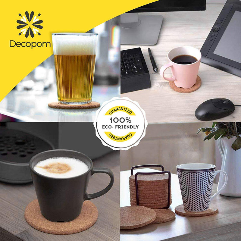 Natural Cork Coasters With Round Edge 4 inches 16pc Set with Metal Holder Storage Caddy – 1/5” Thick Plain Absorbent Heat-Resistant Reusable Saucers for Cold Drinks Wine Glasses Plants Cups & Mugs