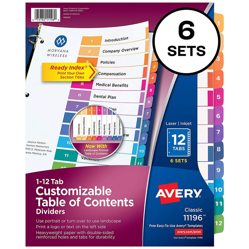 Avery Ready Index 12-Tab Binder Dividers, Customizable Table of Contents, Multicolor Tabs, 6 Sets (11196)