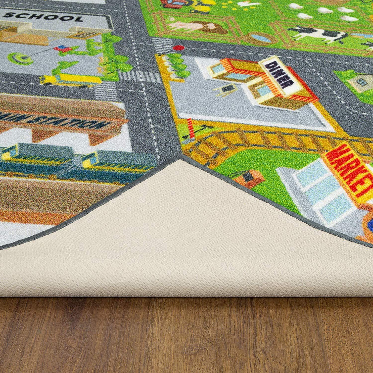 KC Cubs Playtime Collection Country Farm Road Map with Construction Site Educational Learning Area Rug Carpet for Kids and Children Bedroom and Playroom (5' 0" x 6' 6")