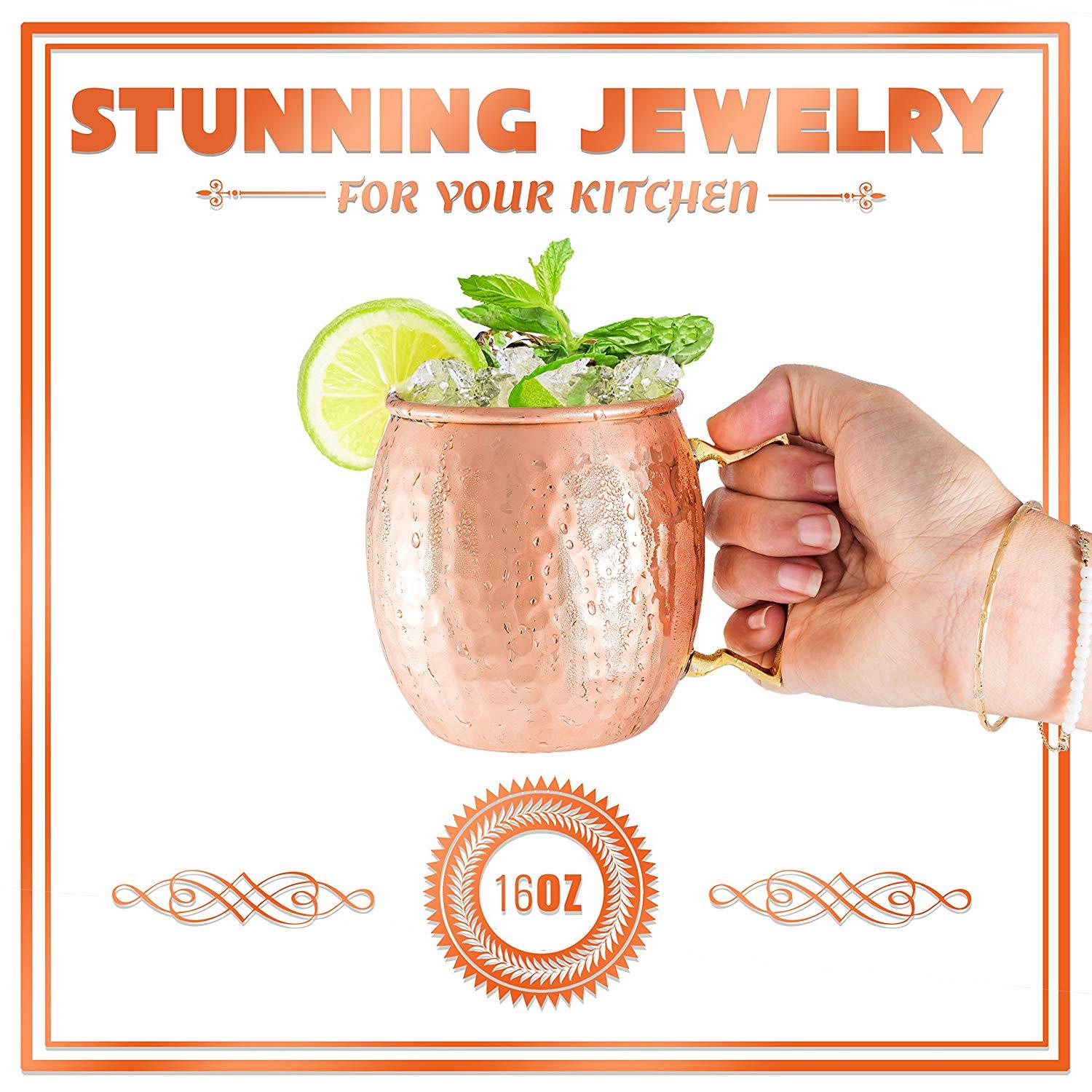 Moscow Mule Copper Mugs - Set of 4 - 100% HCNDCRAFTED Pure Solid Copper Mugs - 16 Oz Gift Set with Highest Quality Cocktail Copper Straws, Copper Shot Glass & 2 E-Books by Copper-Bar