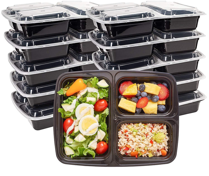 DuraHome - Round Meal Prep Containers with Lids 28oz. Pack of 10 BPA-Free Round Microwaveable Black Plastic Food Storage Container (2 Compartments)