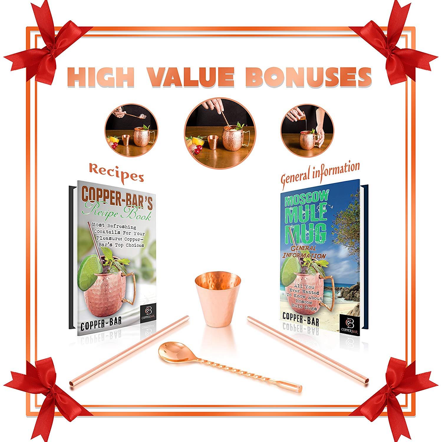 Moscow Mule Copper Mugs - Set of 2-100% HCNDCRAFTED Pure Solid Copper Mugs - 16 Oz, Gift Set With Cocktail Copper Straws, Shot Glass, Stirrer & 2 E-Books by Copper-Bar