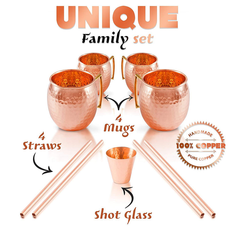 Moscow Mule Copper Mugs - Set of 4 - 100% HCNDCRAFTED Pure Solid Copper Mugs - 16 Oz Gift Set with Highest Quality Cocktail Copper Straws, Copper Shot Glass & 2 E-Books by Copper-Bar