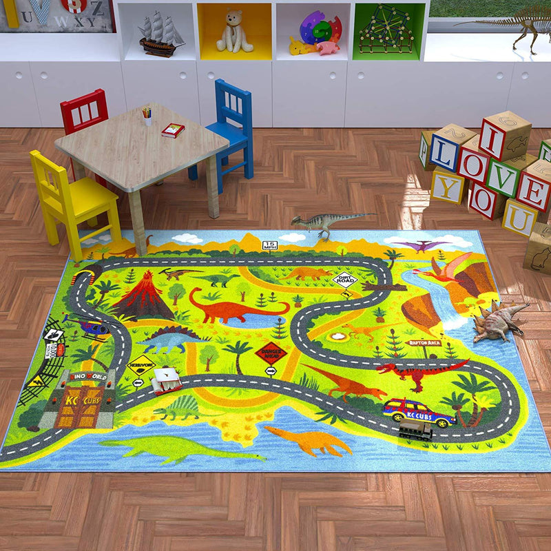 KC Cubs Playtime Collection Dinosaur Dino Safari Road Map Educational Learning & Game Area Rug Carpet for Kids and Children Bedrooms and Playroom (5'0" x 6'6")