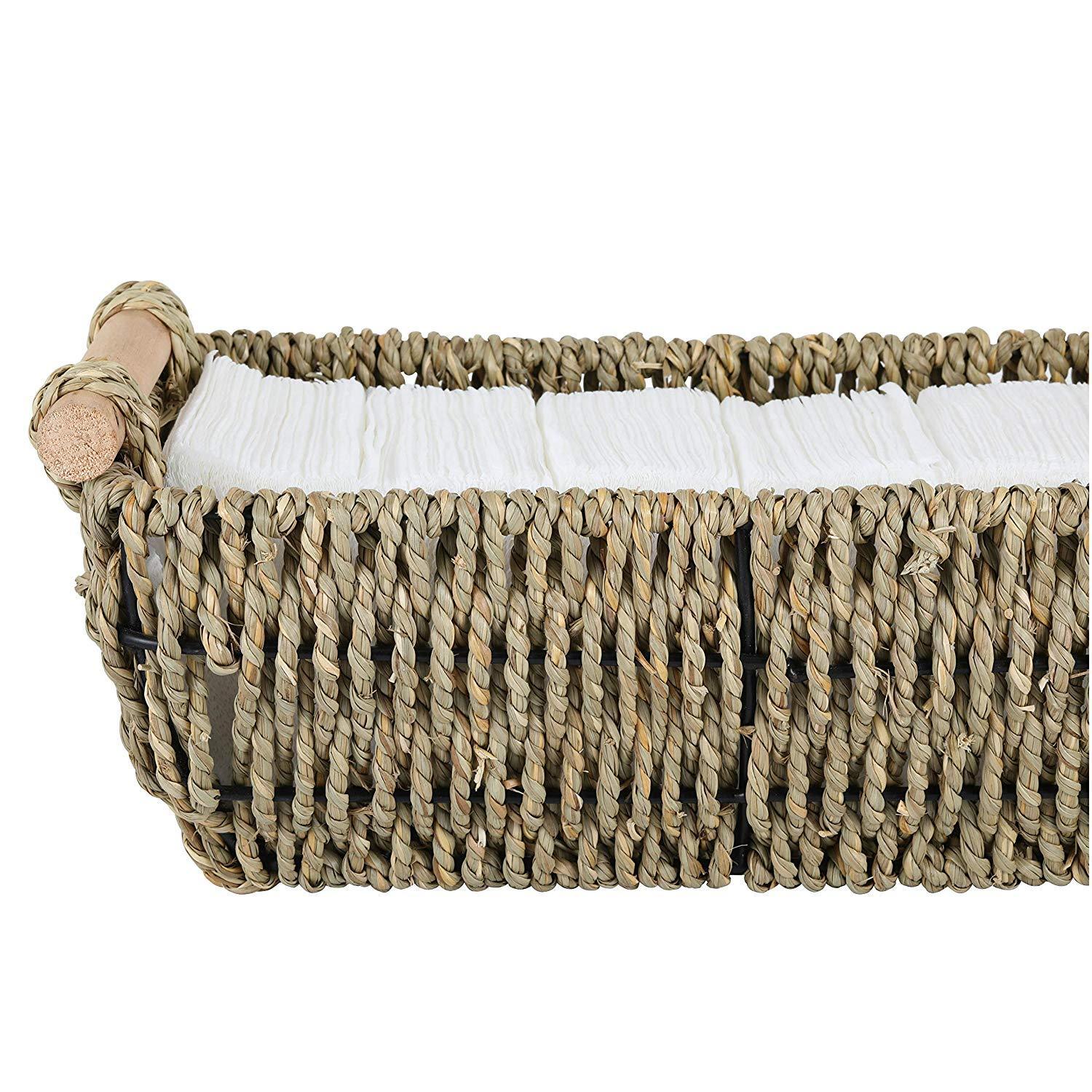 URFORESTIC Storage Baskets, Decorative Seagrass Basket Tote with Wooden Handles, 12" x 6.3" x 4.3", 2-Pack