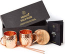 Moscow Mule Copper Mugs Set - 2 Authentic Handcrafted Copper Mugs (16 oz.), 2 Straws, 2 Solid Wood Coasters and Recipe Book - Gift Box Included
