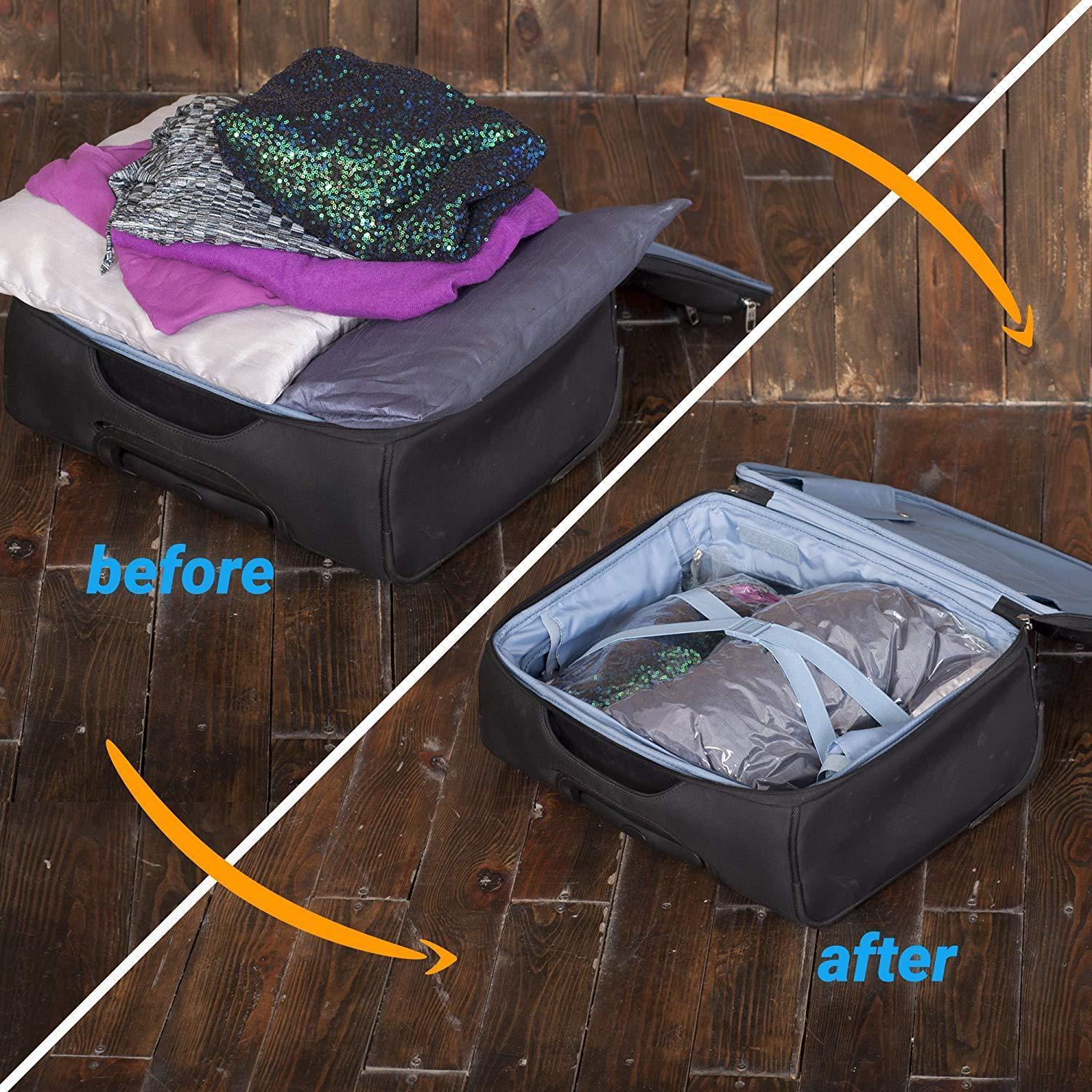 QYQBOON 8 Travel Space Saver Bags - No Vacuum or Pump Needed - for Clothes - Reusable - Luggage Compression - Set of 4 L and 4 M Sacks - Transparent