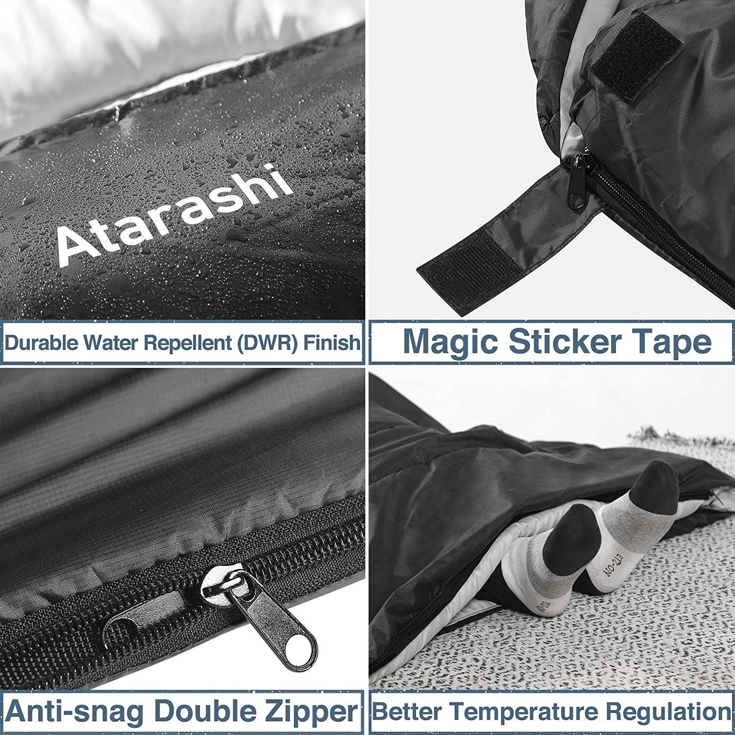 Atarashi Camping Sleeping Bag- 4 Seasons for Adults, Light, Warm, Extra-Large with Compression Sack- Great for Hiking, Backpacking & Outdoor Adventures in Cold Weather