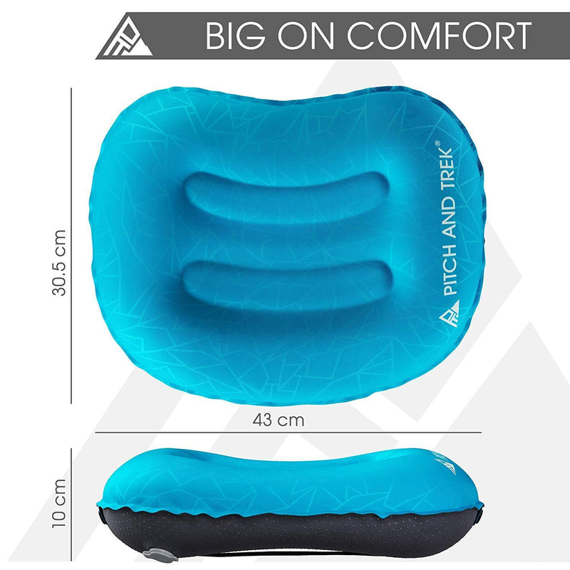 Pitch and Trek Camping Pillow Version 2.0 Blue - Inflatable Travel Pillow which is Super Compact, Compressible and Comfortable - Neck & Lumbar Support Whilst Backpacking & Hiking