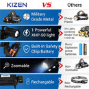 Kizen XHP-50 Headlamp. Next Generation LED Waterproof Headlight. Zoomable Work Light, 18650 USB Rechargeable Head Lights for Camping,Hiking, Outdoors (Black)