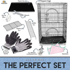 Petsmatig Wire Cat Cage: Spacious Foldable Metal Pet Crate Playpen with 3 Openings, 3 Platforms, 3 Ladders, 1 Hammock, 1 Bottom Tray, 4 Wheels and Free Grooming Gloves