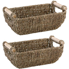 URFORESTIC Storage Baskets, Decorative Seagrass Basket Tote with Wooden Handles, 12" x 6.3" x 4.3", 2-Pack