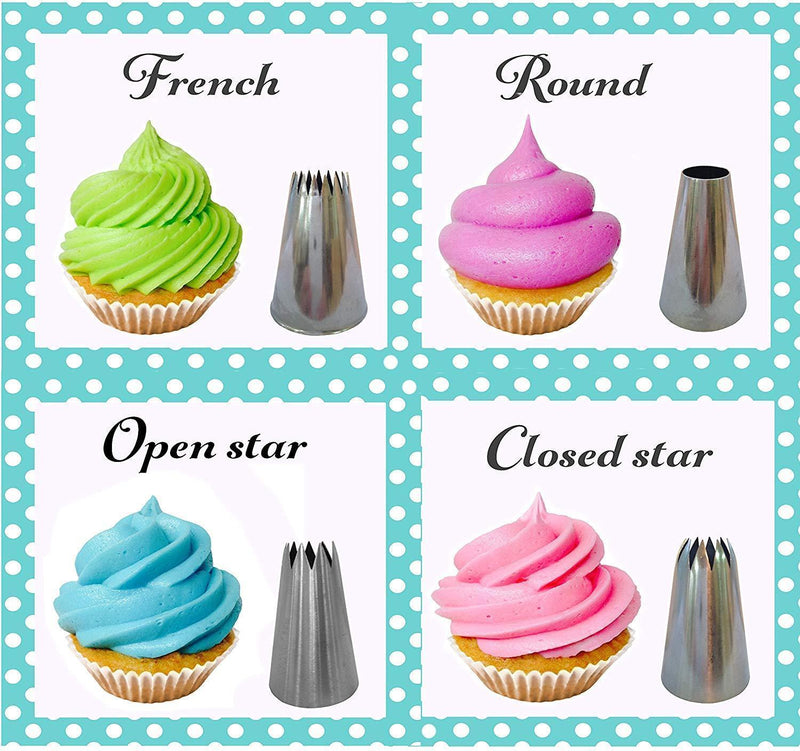 Love2bake Cupcake Decorating Tip Set, Classic Stainless Steel Decorating Tips, Closed Star, Open Star, French, Round/Plain, X-Large