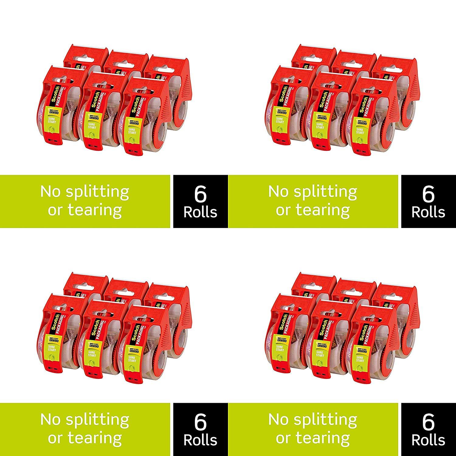 Scotch Sure Start Packaging Tape, 2 Inches x 22.2 Yards, 2-Inch Core, Clear, 6/Pack, (145-6)
