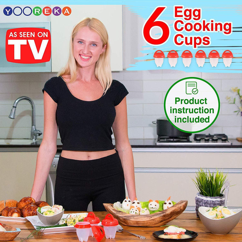 Silicone Egg Cooker Cups, Set of 6 Plus Recipes Booklet :: Nonstick for Easy Hard Boiled Eggs Without the Shell :: Makes Poached, Scrambled & Egg Bites Too :: Microwave & Dishwasher Safe,by Yooreka