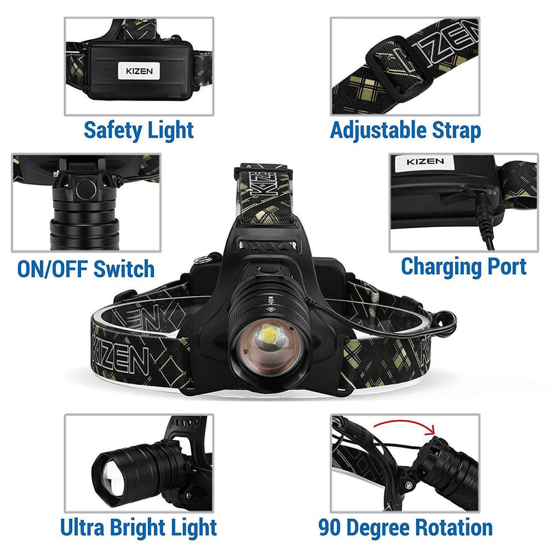 Kizen XHP-50 Headlamp. Next Generation LED Waterproof Headlight. Zoomable Work Light, 18650 USB Rechargeable Head Lights for Camping,Hiking, Outdoors (Black)