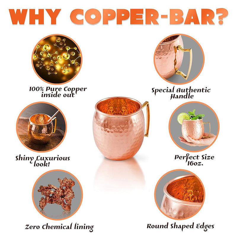Moscow Mule Copper Mugs - Set of 2-100% HCNDCRAFTED Pure Solid Copper Mugs - 16 Oz, Gift Set With Cocktail Copper Straws, Shot Glass, Stirrer & 2 E-Books by Copper-Bar