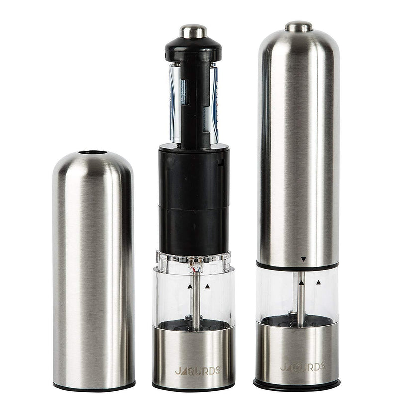 Electric Salt and Pepper Grinder Set - Automatic, Refillable, Battery Operated Stainless Steel Spice Mills with Light - One Handed Push Button Peppercorn Grinders and Sea Salt Mills by JAGURDS