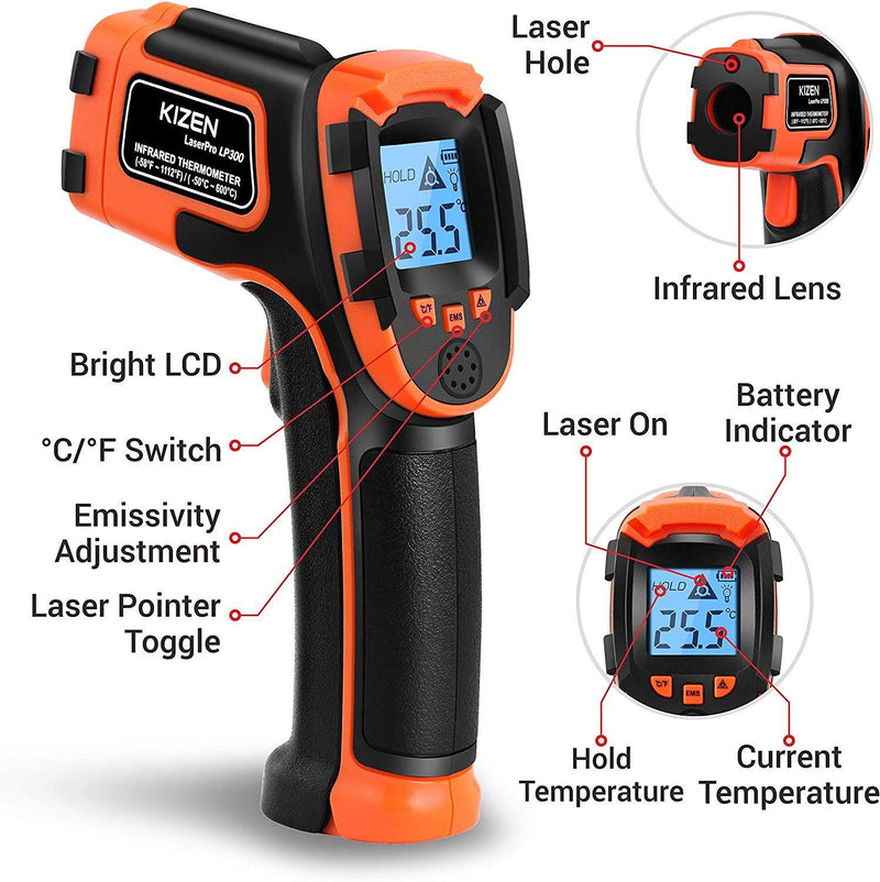 Kizen LaserPro LP300 Infrared Thermometer Non-Contact Digital Laser Temperature Gun with LCD Display -58℉～1112℉(-50℃～600℃) Adjustable Emissivity