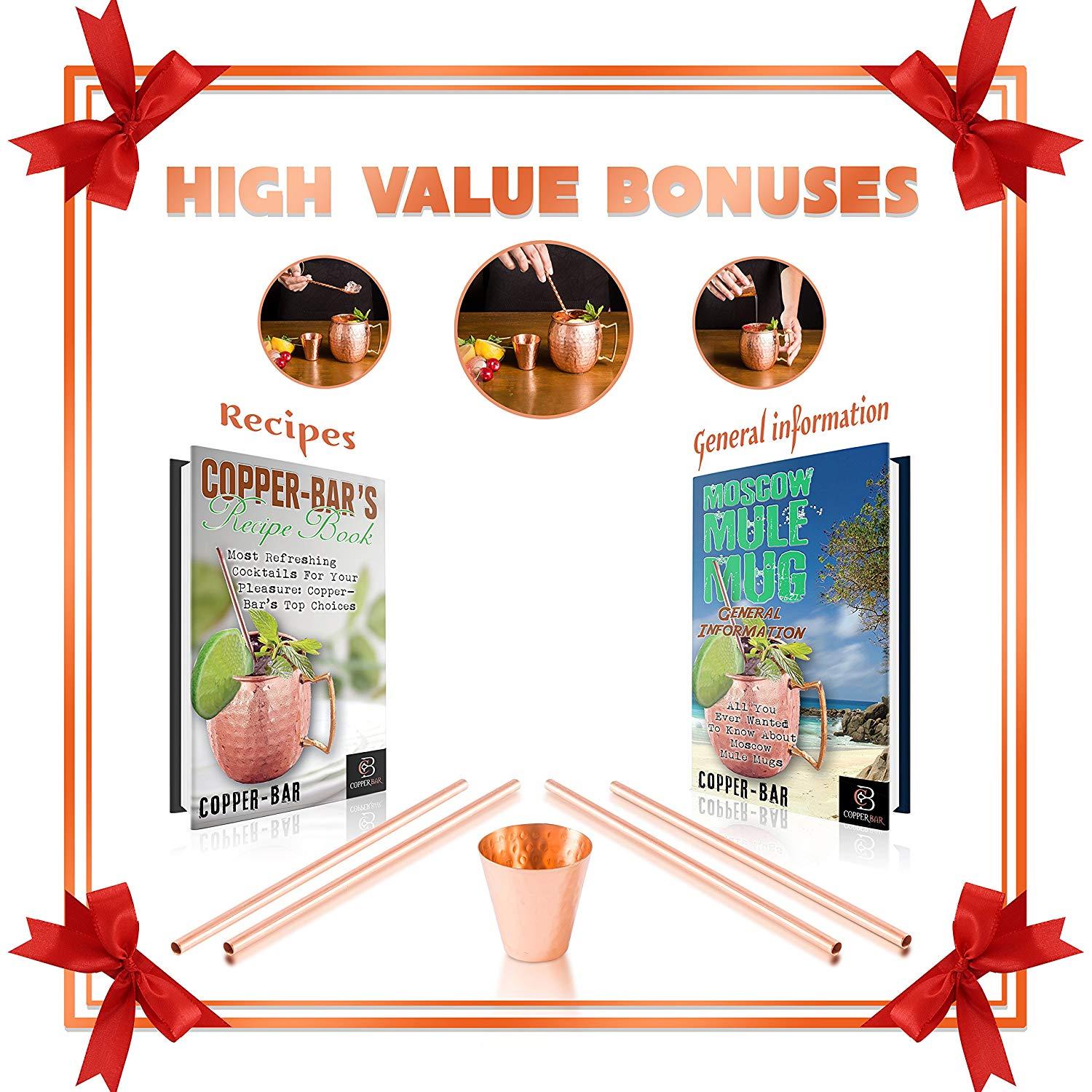Moscow Mule Copper Mugs - Set of 4 - 100% HCNDCRAFTED Pure Solid Copper Mugs - 16 Oz Gift Set with Highest Quality Cocktail Copper Straws, Copper Shot Glass & 2 E-Books by Copper-Bar