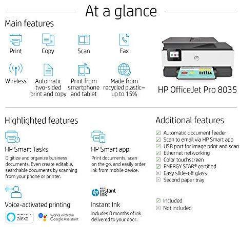 HP OfficeJet Pro 8035 All-in-One Wireless Printer - Includes 8 Months of Ink Delivered to Your Door, Smart Home Office Productivity - Basalt (5LJ23A)