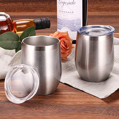 12 oz Double-Insulated Stemless Glass, Stainless Steel Tumbler Cup with Lids for Wine, Coffee, Drinks, Champagne, Cocktails, 2 Sets (Black)