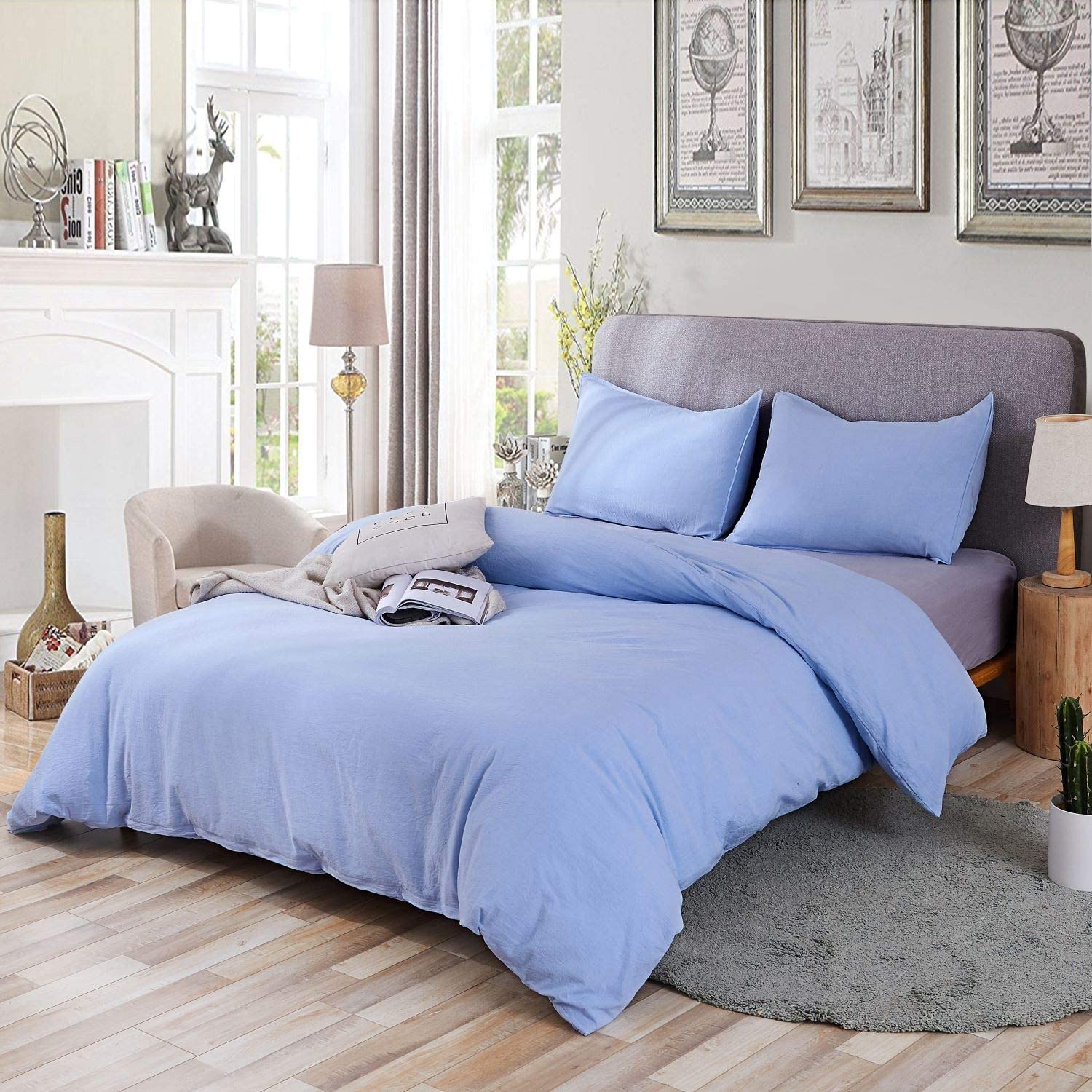 100% Washed Cotton Duvet Cover 3 Piece, Comforter Cover California King Size, Ultra Soft with Zipper Closure, Corner Ties, Simple Bedding Style, Gray White Plaid by SORMAG