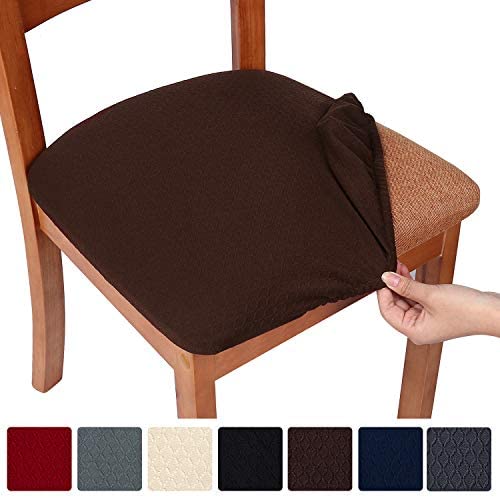 smiry Stretch Spandex Jacquard Dining Room Chair Seat Covers, Removable Washable Anti-Dust Dinning Upholstered Chair Seat Cushion Slipcovers - Set of 4, Beige