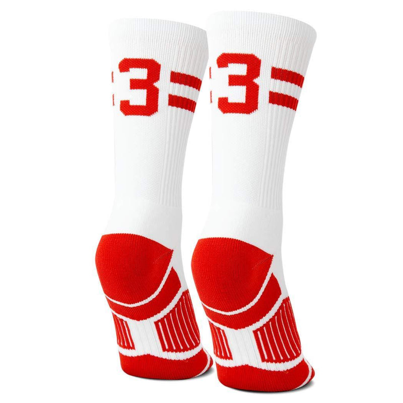 Classic Stripe Team Number Socks | Woven Mid-Calf | White & Red