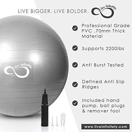 Live Infinitely Exercise Ball (55cm-95cm) Extra Thick Professional Grade Balance & Stability Ball- Anti Burst Tested Supports 2200lbs- Includes Hand Pump & Workout Guide Access