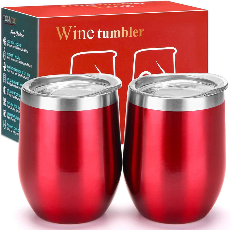 12 oz Double-Insulated Stemless Glass, Stainless Steel Tumbler Cup with Lids for Wine, Coffee, Drinks, Champagne, Cocktails, 2 Sets (Black)